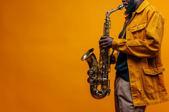 A musician playing a saxophone on a bright orange background.