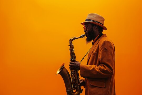 A musician playing a saxophone on a bright orange background.
