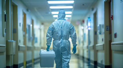 Courier transporting a cooler containing an organ to the transplant center - obrazy, fototapety, plakaty
