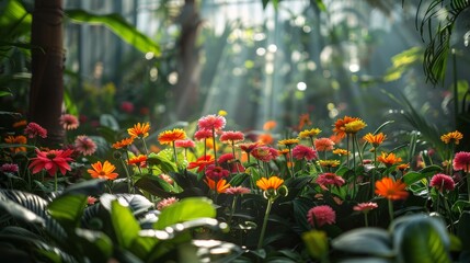 Lush Field of Flowers With Sunlight Filtering Through Trees