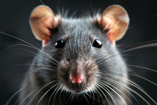Close up of face of rat on dark background