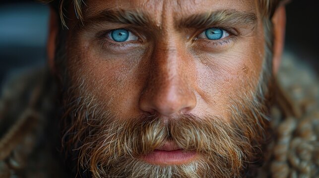 A candid portrait of a man with a beard, showcasing unretouched skin and the honest reflections of life's experiences