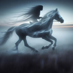 ghostly rider on a horse galloping across the prairie
