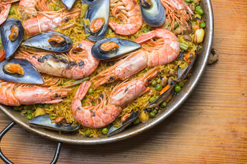 Seafood paella with prawns and shellfish, a feast for the senses, typical Spanish cuisine, Majorca,...