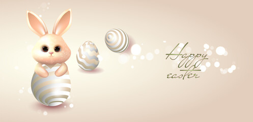 Happy easter greeting card template. Cute bunny in easter egg on white background.