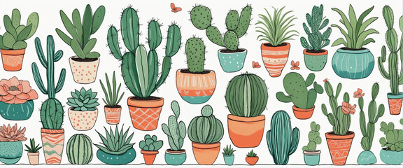 Hand drawn cactus plant doodle set. Vintage style cartoon cacti houseplant illustration collection. Isolated element of nature desert flora, mexican garden bundle. Natural interior graphic decoration.