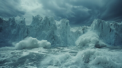 Glacial retreat: ice blocks melt, a stark portrayal of global warming's impact. - obrazy, fototapety, plakaty