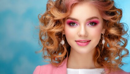 Beautiful beauty or fashion portrait of a woman with makeup with pink curly hair on a beautiful blue background