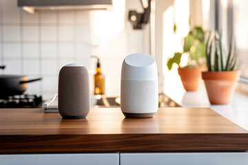 Smart speakers on modern kitchen counter with succulent decor