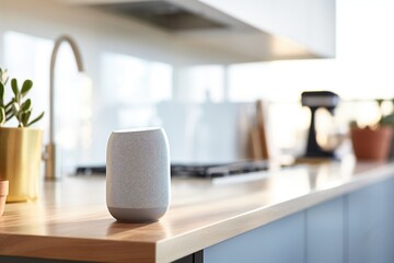 Smart speaker on kitchen counter in a modern home interior