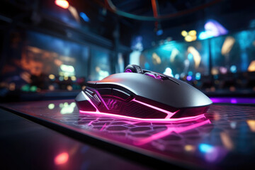 Futuristic gaming mouse with neon lights on a dark background