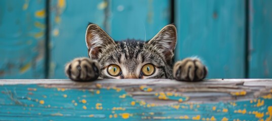 Curious tabby kitten peeking over blue wooden background, cute cat with paws up on blurred backdrop