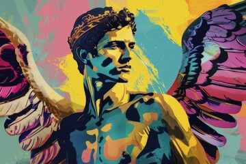 Hermes in Pop Art style with vibrant colors and Greek mythology influence