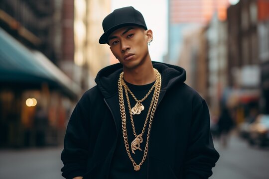 Asian rapper standing on a city street