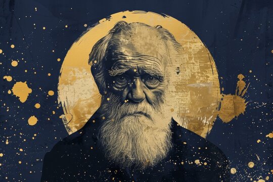 Charles Darwin portrait illustrating evolution theory and natural selection in a vintage style