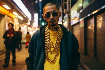 Asian rapper standing on a city street - obrazy, fototapety, plakaty