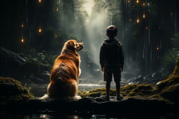 A boy with a big dog heads towards the unknown in a mystical forest. Two trusted friends. - obrazy, fototapety, plakaty