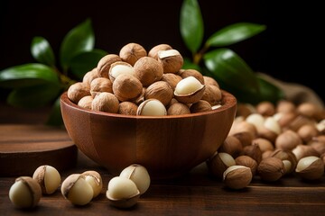 Exotic Macadamia nuts. Food fruit fresh. Generate Ai