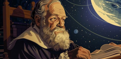 Cartoon illustration of Galileo with telescope and astronomy symbols under a Renaissance night sky