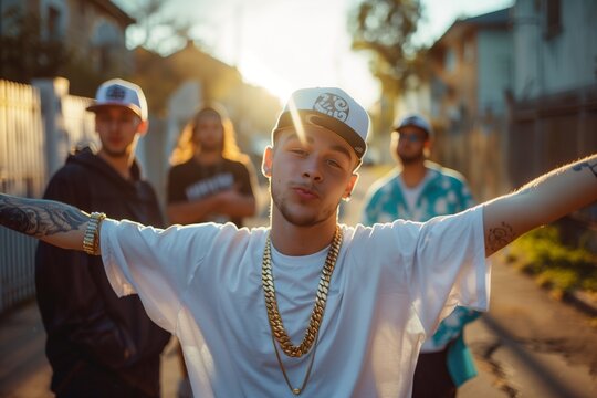 Rapper standing on a city street 