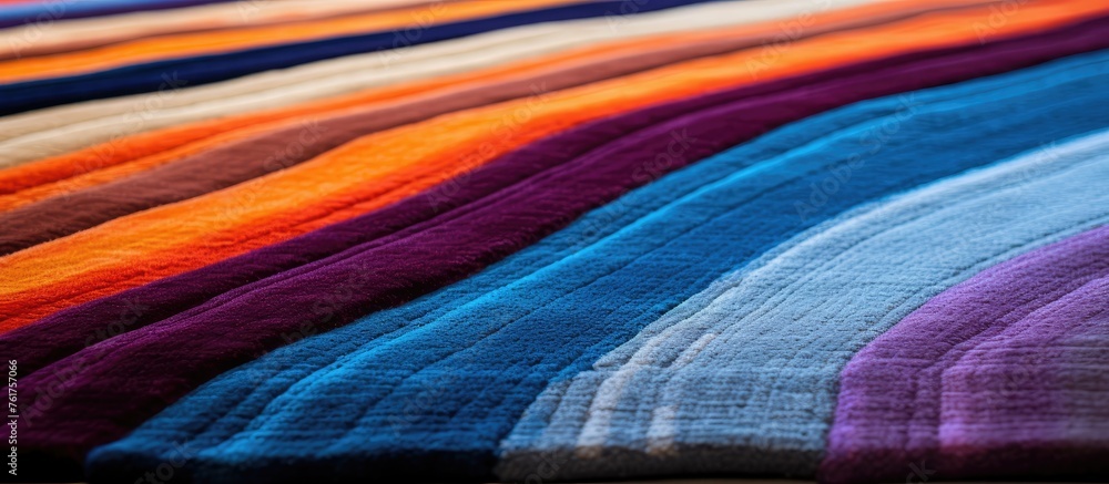 Poster an artistic display of a row of vibrant, colorful socks on a table showcasing a variety of patterns 