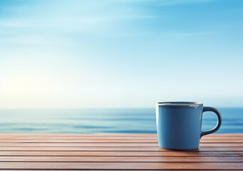 Fototapeta premium A blue ceramic mug in the morning sunlight on a wooden countertop against the backdrop of the sea. Creates a serene and tranquil scene, perfect for promoting coastal retreats, seaside cafes