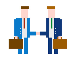 Two businessmen agree a deal and shake hands Vector retro pixelated graphic