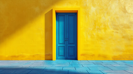 Blue door on the yellow wall background
