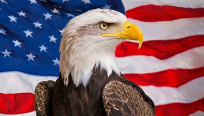 American Bald Eagle on Flag in background