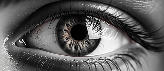 A closeup of a womans electric blue iris with a single tear rolling down her black eyelash the symmetry and emotion captured in monochrome photography