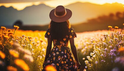 Back view of woman in long dress walking in flower field at sunset