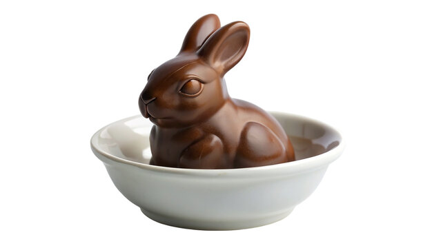 Chocolate rabbit in a white bowl. isolated on transparent background.