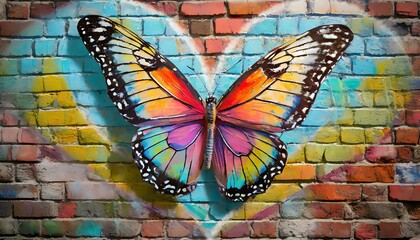  Colorful graffiti on the brick wall as a butterfly