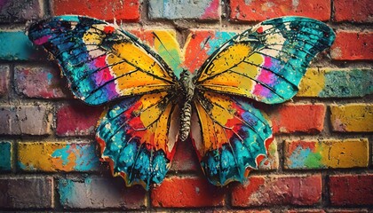  Colorful graffiti on the brick wall as a butterfly