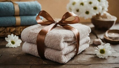 Obraz na płótnie Canvas Beautifully arranged new towels as a gift with ribbon 