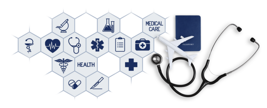 Top view of a passport with airplane, stethoscope and icons symbolizing the importance of medical insurance for travel, whether it's a summer beach vacation or a business trip. Health and safety