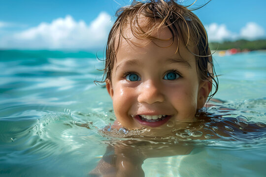  A smiling boy in the warm blue water of the Red Sea.