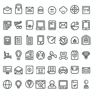 Set of web icons. An extensive assortment of line icons. A set of editable stroke icons. Banking symbol; Business; Finance; Teamwork; E-Commerce; Delivery; Contact; Devices; Shopping 