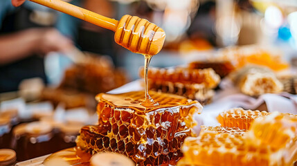 Honey dripping from a dipper onto fresh honeycomb at a vibrant market stall - obrazy, fototapety, plakaty
