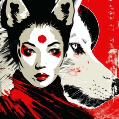 Amaterasu, Pop Art representation in red with woman and wolf, embracing Japanese mythology and deity elements