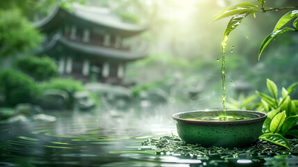 Green tea elegantly flowing into a cup surrounded by loose tea leaves backdrop of traditional Asian architecture
