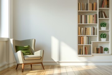 Minimalist interior with a cozy armchair and bookshelf, symbolizing calm and tranquility