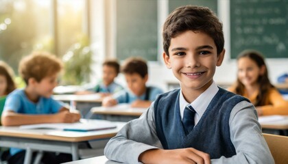 young boy in a classroom smiles confidently at his desk