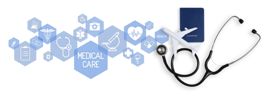 Top view of a passport with airplane, stethoscope and icons symbolizing the importance of medical insurance for travel, whether it's a summer beach vacation or a business trip. Health and safety