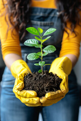 Woman wearing yellow gloves, holding a young, green plant nestled in rich soil