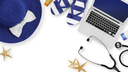 Top view of sea beach holiday accessories: Blue sun hat, flip flops, stethoscope, seashell, computer and sunscreen. Summer beach vacation banner sign with a medical insurance travel concept