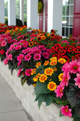 Assorted flowers in full bloom, adorning the exterior of a classic home with white pillars and a red door.