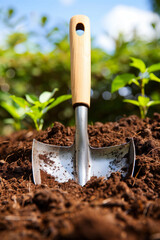 Shiny, metallic shovel with a wooden handle, embedded in rich, dark soil. The backdrop is adorned with lush greenery under the bright sunlight, evoking a sense of growth and renewal.