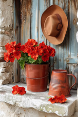 Rustic and charming scene featuring a brown cowboy hat hanging on an aged blue wooden door, a pot of vibrant red flowers, and an antique watering can resting on a weathered white ledge