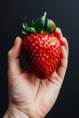 Fresh strawberry being held delicately in a person’s hand against a dark background.